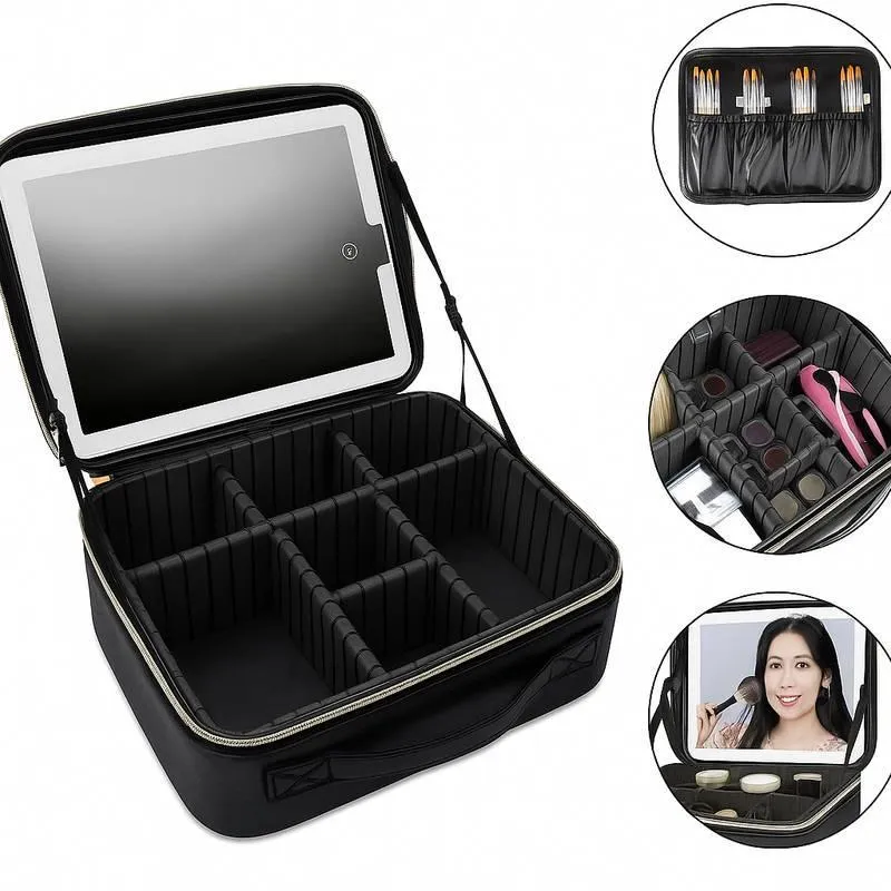 Maleta Preto Organizador Para Maquiagem Espelho Com Led Usb