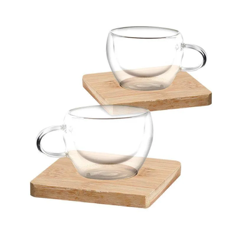 Jogo Com 2 Xícaras De Café Vidro Duplo Com Base De Bambu