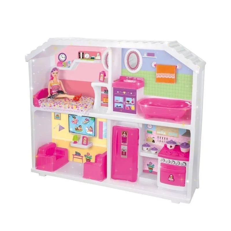Casinha Infantil Casinha Doce Encantada Quarto Cozinha Banheiro Sala Com Móveis Fixos E Boneca