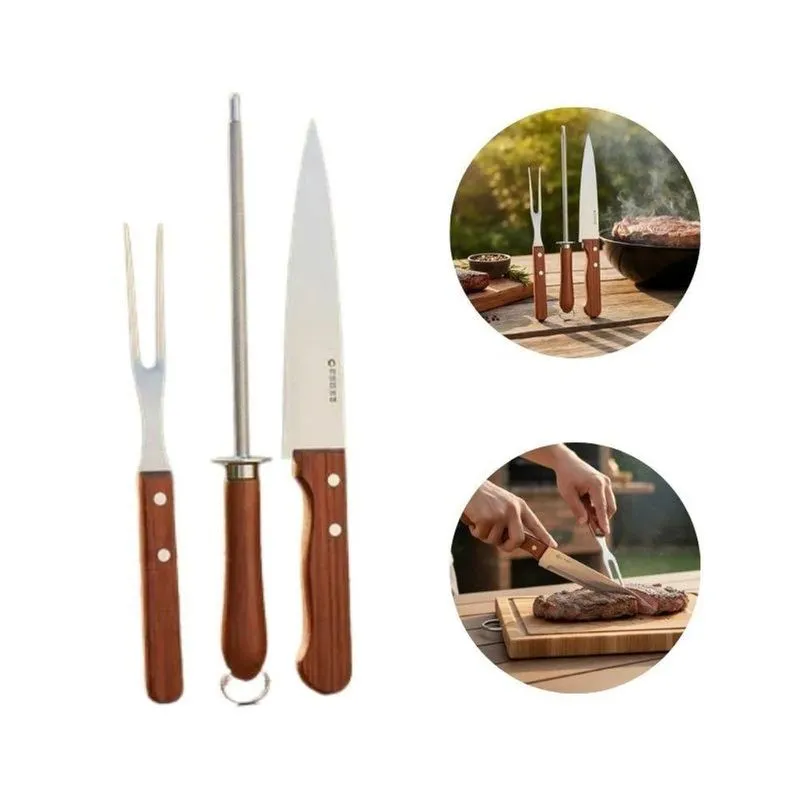 Kit 3 Peças Para Churrasco E Açougue Com Faca E Garfo E Chaira Em Aço Inox E Madeira