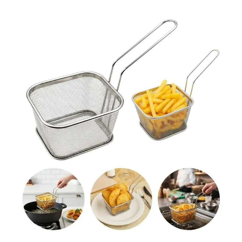 Cesto Para Fritura Inox 21cm X 06cm Ideal Para Porções Em Aço Com Cabo Longo Inox