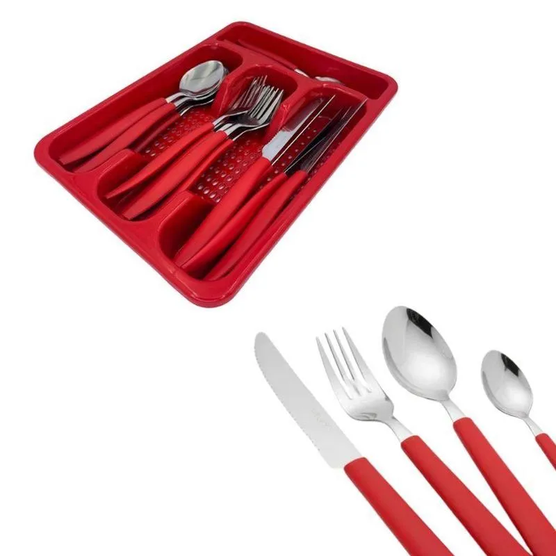 Jogo De Talheres Cabo Vermelho 24 Peças Aço Inox Plástico Para Refeições Yeet