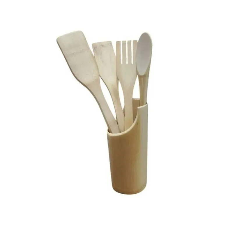 Conjunto De Utensílios De Cozinha 5 Peças Bambu Natural Design Moderno Amadeirado Top Rio Comercial
