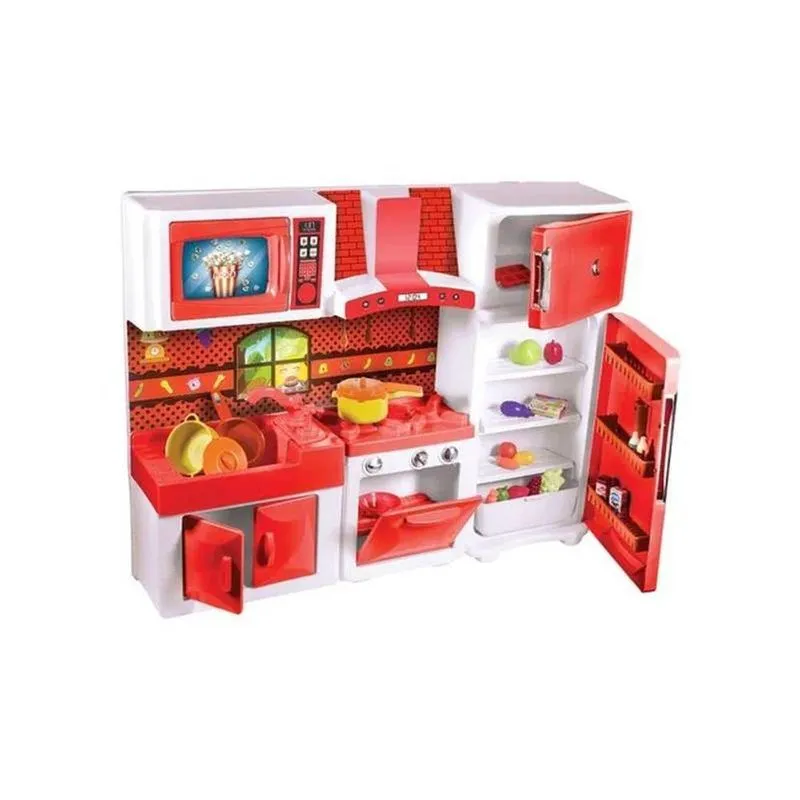 Cozinha Infantil De Brinquedo Cozinha De Brinquedo Vermelha Com Micro-ondas Interativo Vermelho Lua