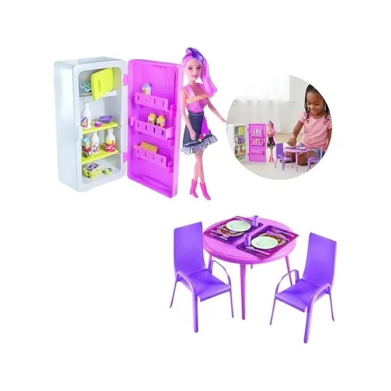 Kit Cozinha Infantil Rosa Com Boneca Cadeira Mesa Geladeira