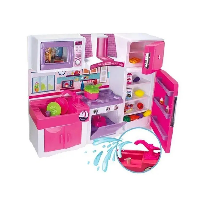 Cozinha Infantil Com Fogão Geladeira Pia Micro-ondas E Armário Lua De Cristal