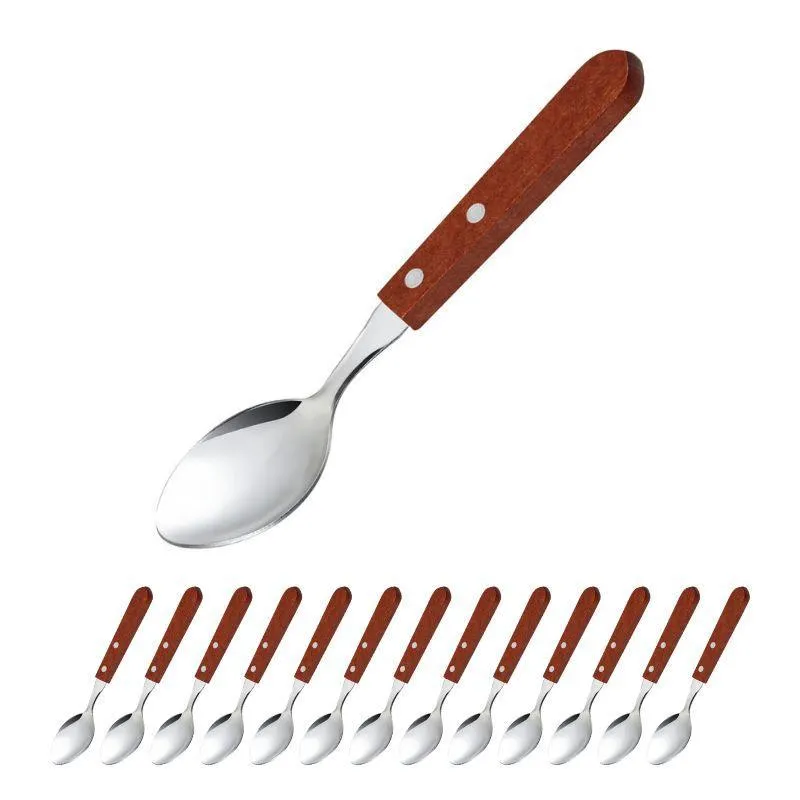 Jogo Com 12 Colher De Mesa Em Aço Inox E Cabo De Madeira