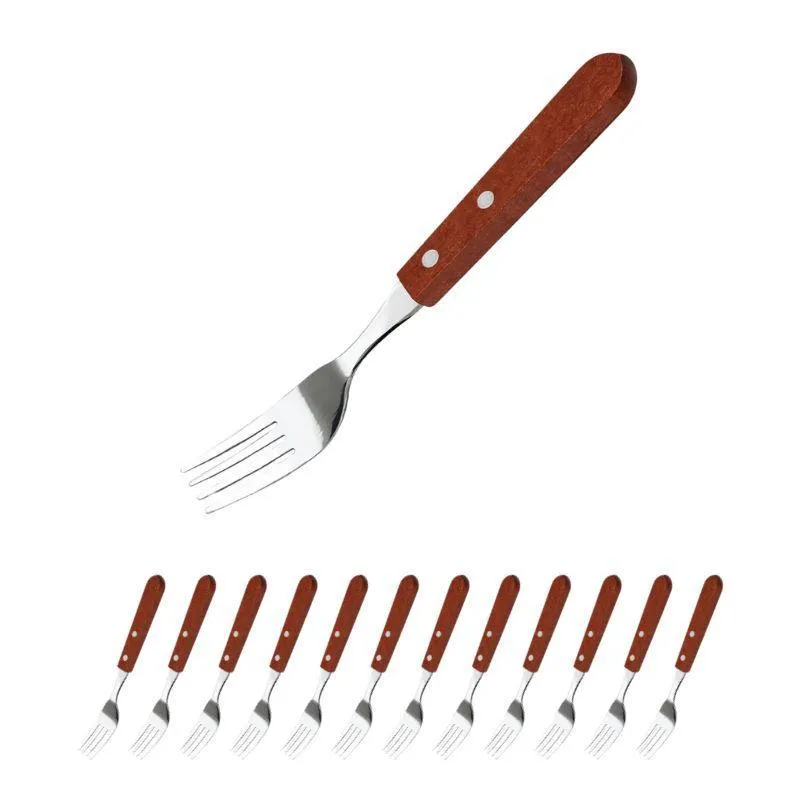 Jogo Com 12 Garfo De Mesa Em Aço Inox E Cabo De Madeira