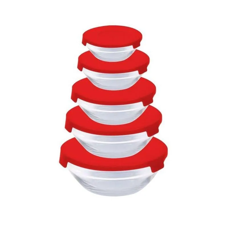 Conjunto Com 5 Potes Redondos De Vidro Para Alimentos Empilháveis Vermelho Wellmix