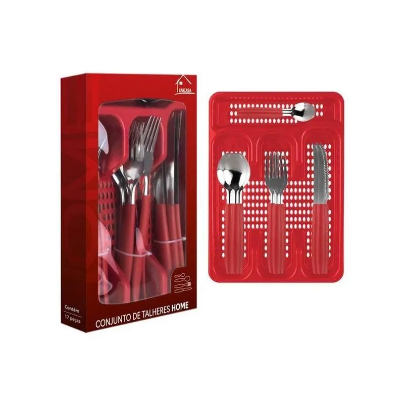 Jogo De Faqueiro Com Faca Garfo Colher E Porta Talher 17 Peças Em Aço Inox Com Cabo Ergonômico