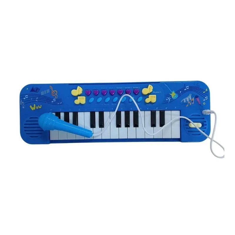 Kit Teclado Musical Infantil Azul Com 25 Teclas + Microfone