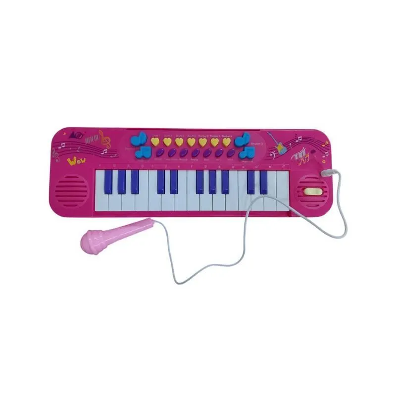 Kit Teclado Musical Infantil Rosa Com 25 Teclas + Microfone