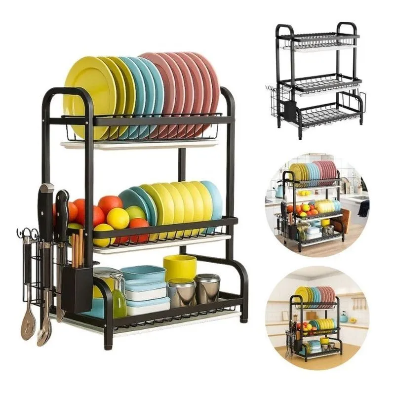Escorredor De Louças 03 Andares Com Porta Talheres Metal E Plástico Organizador Para Cozinha Preto