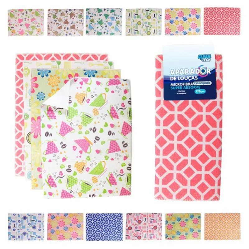 Kit 06 Toalha Aparador Louças Microfibra Estampada 38cmx50cm