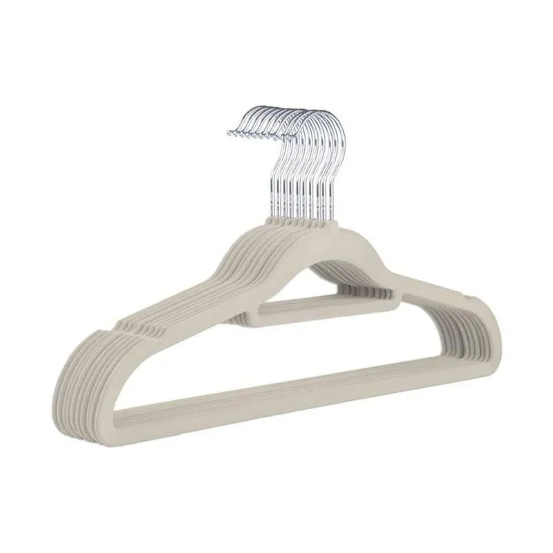 Kit 100 Cabides Slim Veludo Flocado Bege Antideslizante Plástico Revestido Com Gancho De Metal