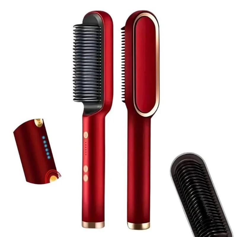 Escova Pente Alisadora Profissional 34W Cerâmica PTC Iônica Vermelho Bivolt