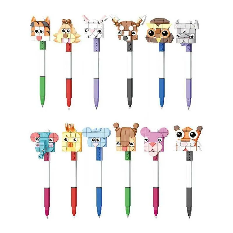 Kit Com 12 Canetas Animais Blocos Coloridos Para Encaixar