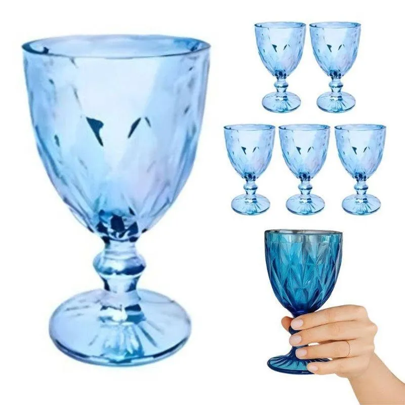 Conjunto 06 Taças De Vidro Decoradas 330ml Azul Para Bebidas Fratelli