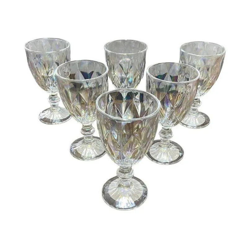Taça Conjunto Com 06 Taças De Vidro Decoradas Peroladas 330ml Acabamento Lapidado Transparente