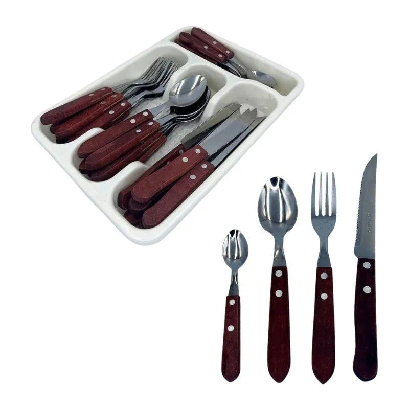 Jogo De Talher Faqueiro Inox Com Cabo Madeira E Porta Talher