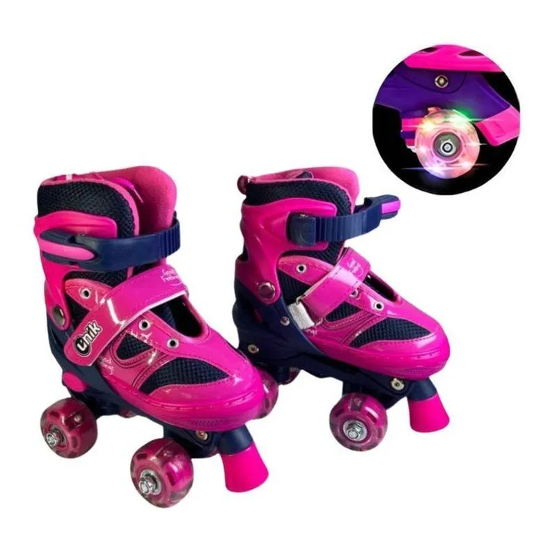 Patins Infantil 4 Rodas Ajustável Com Led Do 31 Ao 34 Rosa Estrutura Resistente Unik