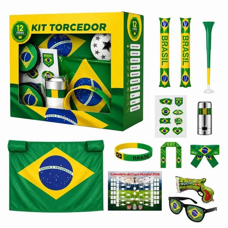 Kit Torcedor Brasil 12 Itens Exclusivos Copa Do Mundo Bandeira 150cm X 90cm