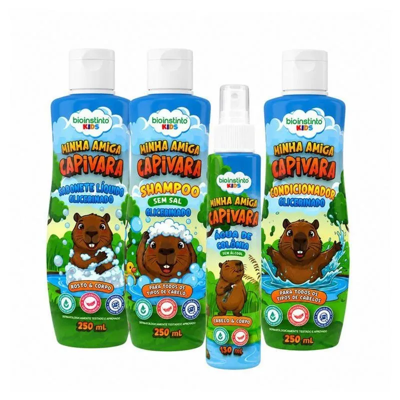 Kit De Banho Infantil Minha Amiga Capivara Kids Shampoo Condicionador Sabonete Liquido Agua