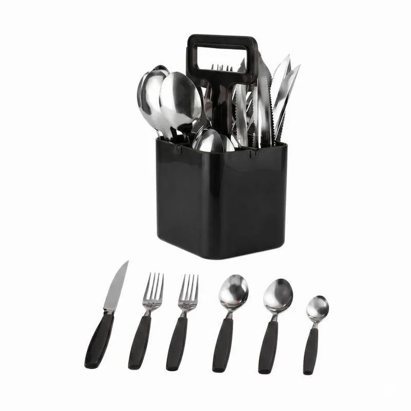 Faqueiro Verona 24 Peças Aço Inox E Plástico Preto Fosco Para Cozinha Com Suporte Fratelli