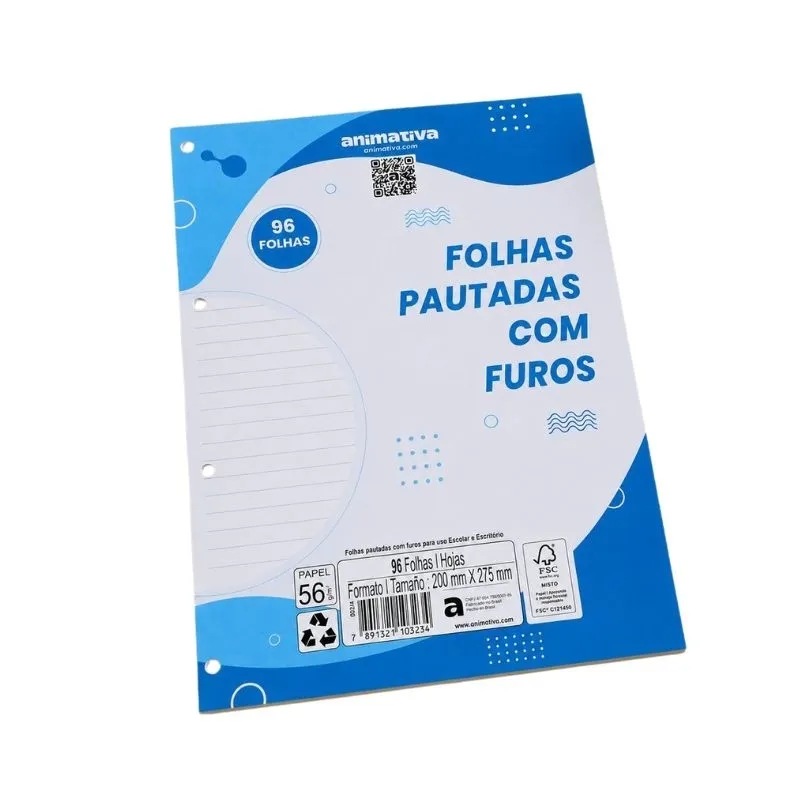 Kit 03 Blocos Folha Pautada Fichário 96 Folhas em cada Bloco