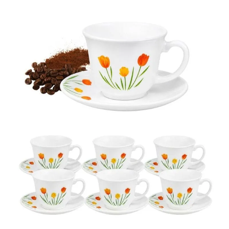 Jogo De Xícara Com Pires Tulip Garden Vidro Estampa Floral Para Café Da Tarde Branco Fratelli 220ml
