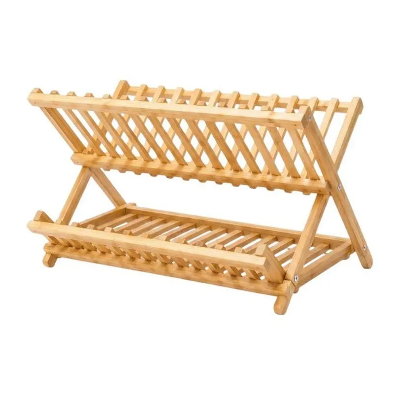 Escorredor De Louças Dobrável 02 Andares Bambu Natural Secagem Rápida Cozinha Amadeirado Fratelli