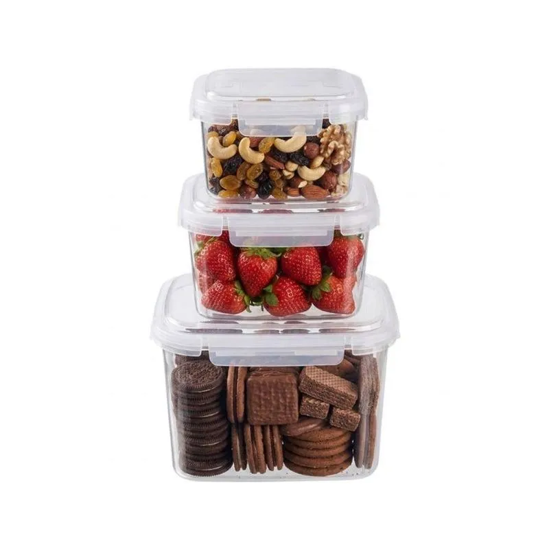 Kit Potes Com Tampa Hermética 300ml 600ml 1500ml Plástico E Silicone Vedação Segura Transparente Top