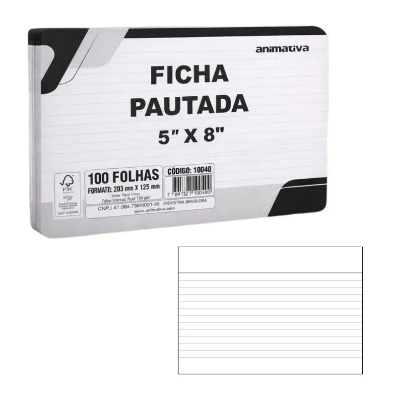 Kit 300 Folhas de Ficha Pautada 5x8 Gramatura 150g/m 20x13cm