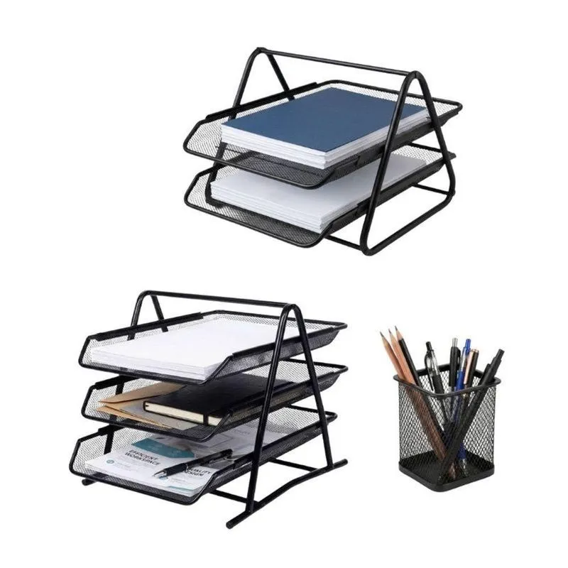 Organizador De Papéis Black Bull Kit 02 E 03 Andares Com Porta Canetas Preto