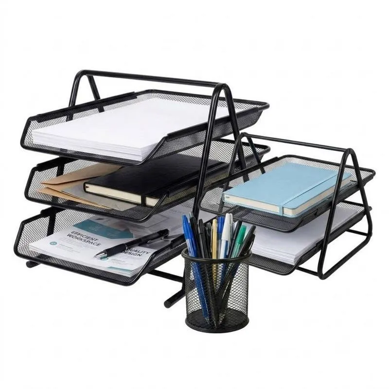 Organizador De Papéis Black Bull Kit 02 E 03 Andares Com Porta Caneta Preto