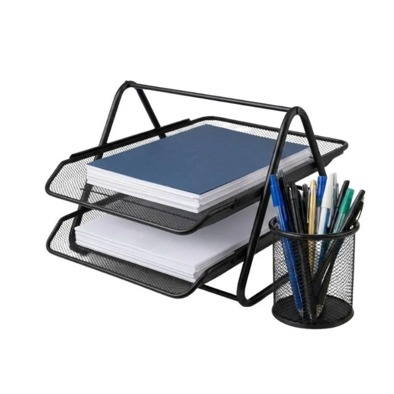Organizador De Papéis Black Bull Kit 01 02 Andares E 01 Porta Caneta Preto
