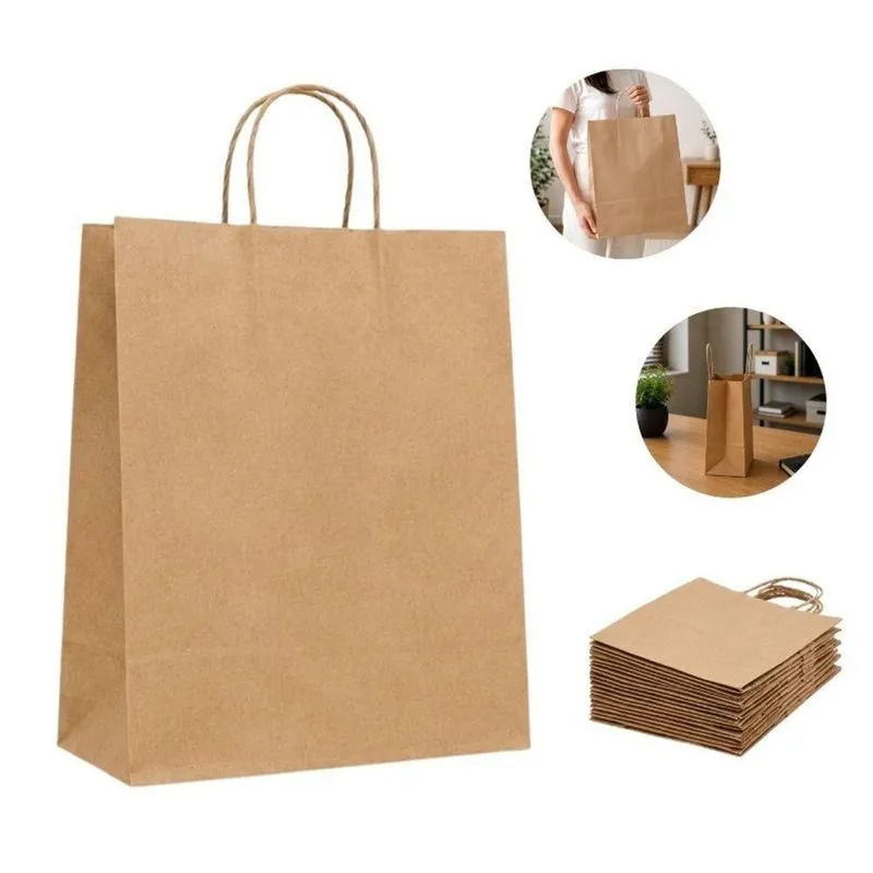 Kit 10 Sacolas Papel Kraft Pardo Tamanho G 32x24x10cm Alças Torcidas