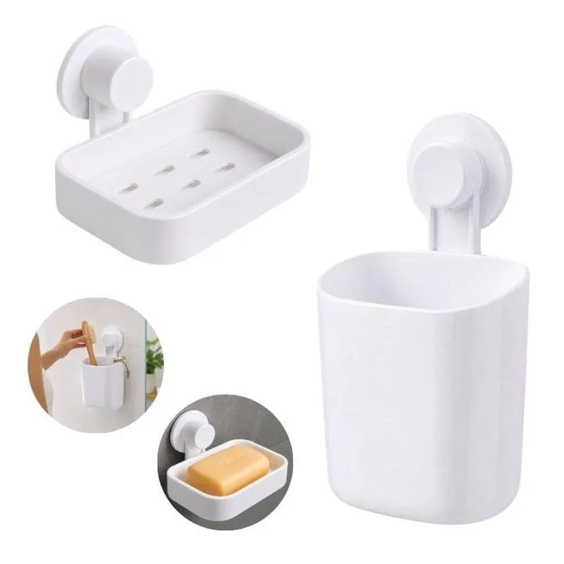 Kit Saboneteira + Suporte Multiuso Plástico Com Ventosa Adesivada Instalação Sem Furos Banheiro