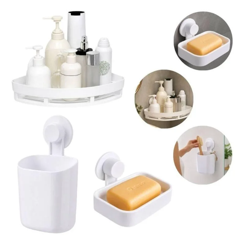 Kit Saboneteira + Suporte + Prateleira de Canto Plástico com Ventosa Instalação sem Furos Banheiro