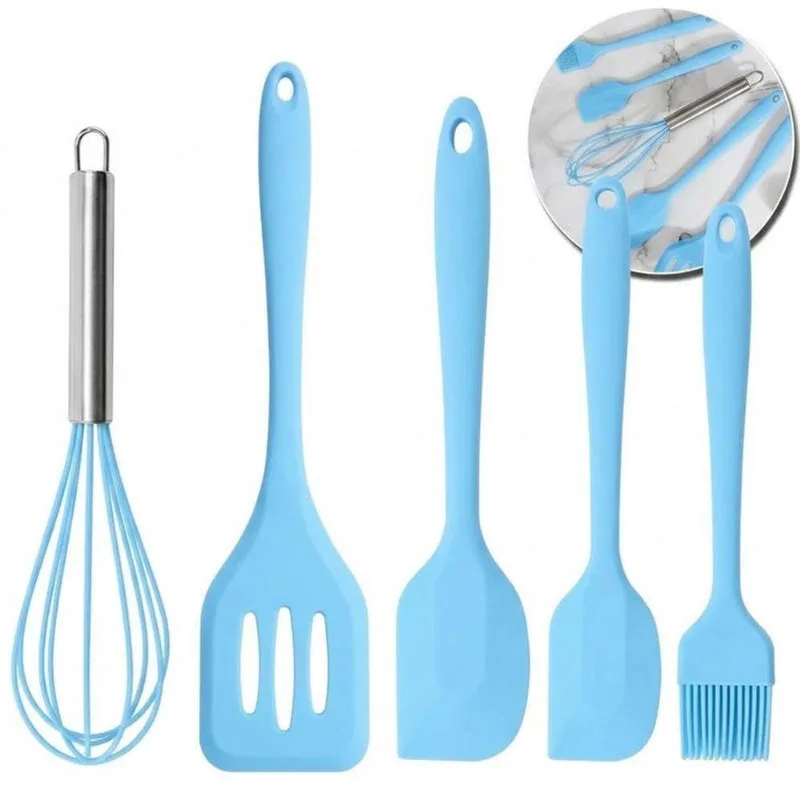 Jogo de Utensilios de Cozinha Silicone e Aco Inox Facil Higienizacao Uso Domestico Azul 05 Pecas