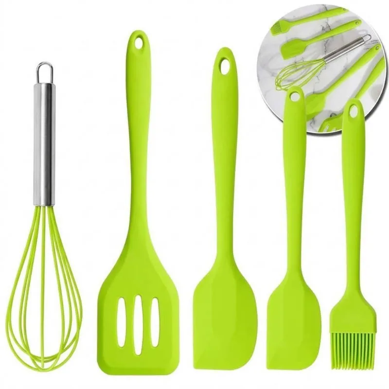 Jogo de Utensilios de Cozinha Silicone e Aco Inox Resistente ao Calor Verde 5 Pecas