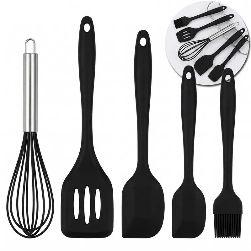 Jogo de Utensílios de Cozinha Preto 05 Peças de Silicone