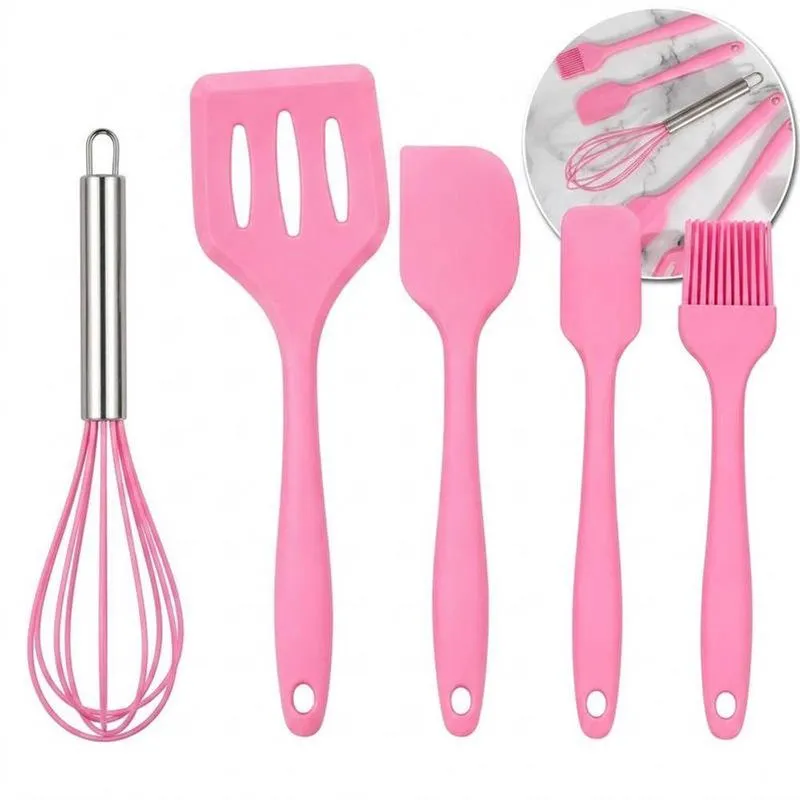 Jogo De Utensilios De Cozinha 05 Pecas Silicone E Aco Inox Facil Higienizacao Uso Diario Rosa