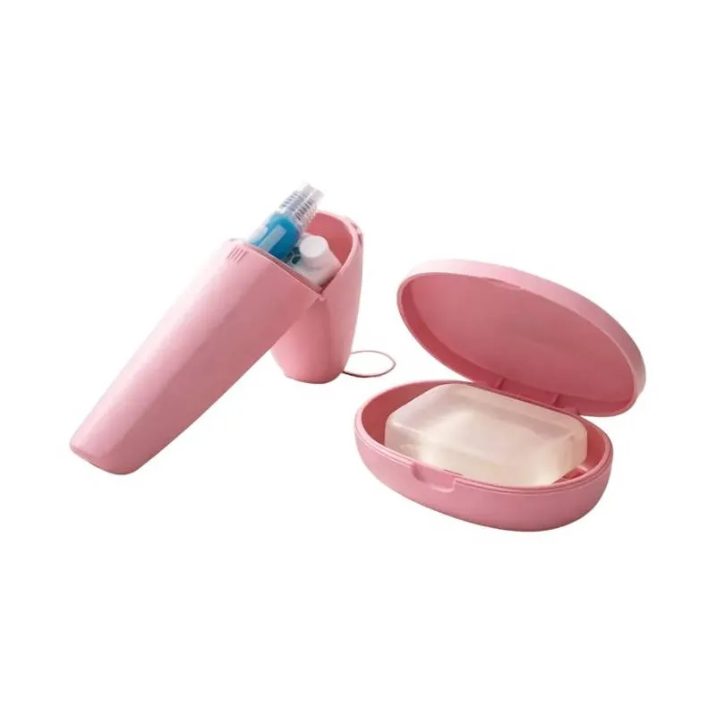 Kit Porta Escova Pasta Dental e Saboneteira Rosa Portátil