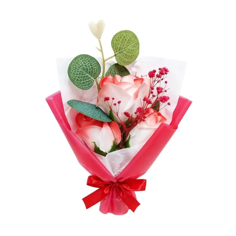 Buquê de Rosas Artificial Vermelha c/ Branco Decorativo 24cm