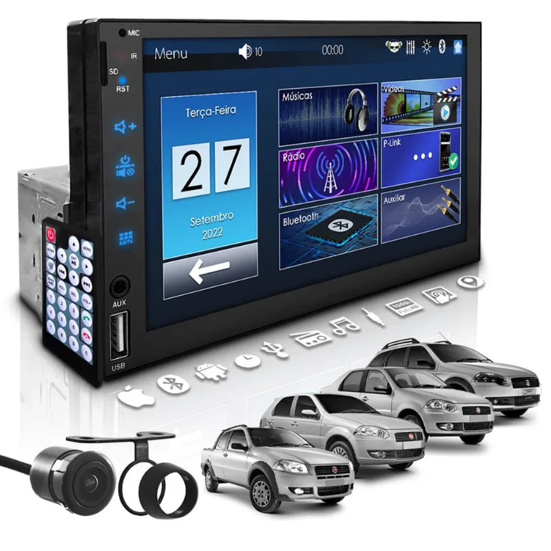Central Multimídia Universal Mp5 Bt 1 Din 7 Espelha Dvd Câm Fiat