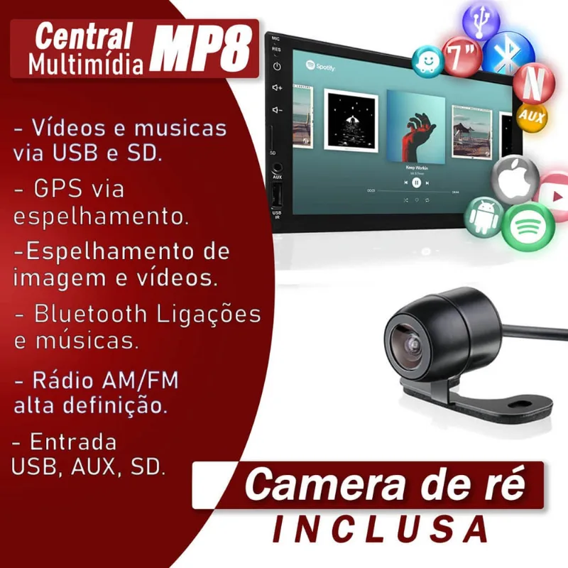 Kit Central Multimídia Chevrolet Prisma Mp5 / Mp8 + Câmera de Ré