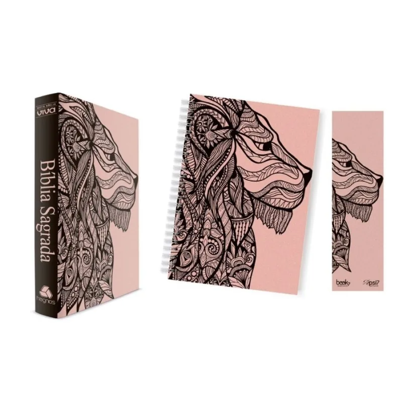 Kit Leão Rosa - Planner + Bíblia Capa Dura Nova Bíblia Viva + Marca Página