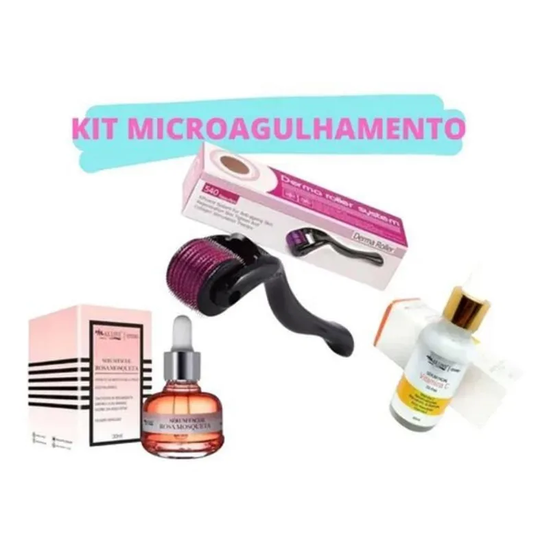 Kit Microagulhamento Dermaroller + Vitamina C +rosa Mosqueta