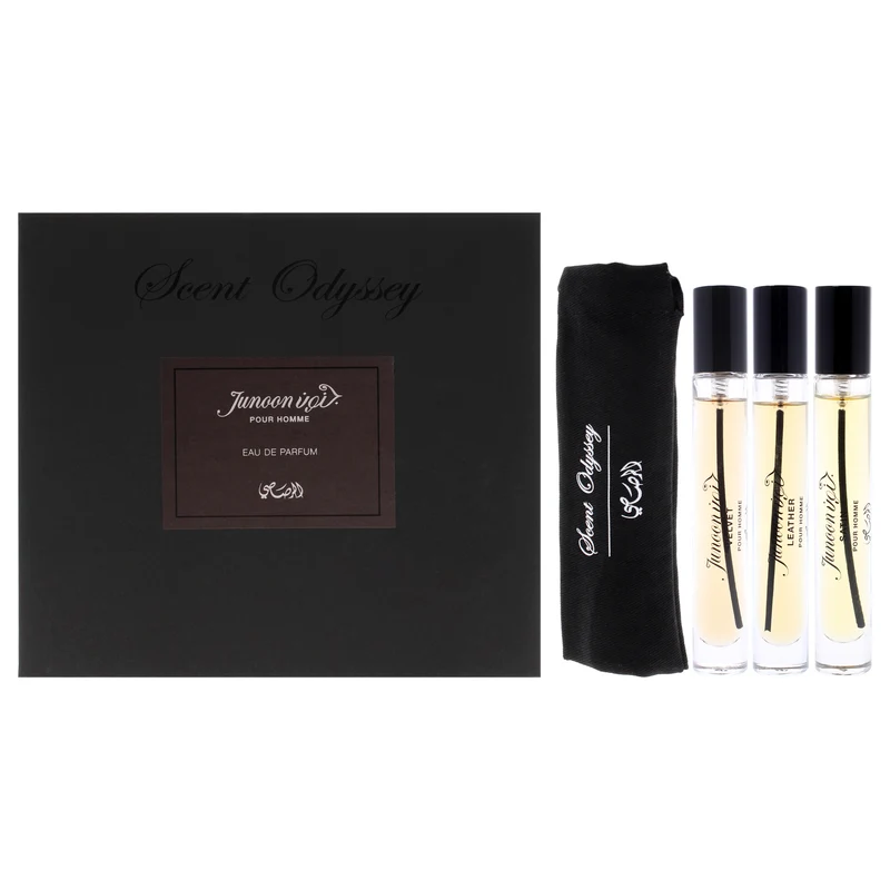 Rasasi Scent Odyssey - Junoon by Rasasi for Men - 3 Pc Mini Gift Set 0.25oz Satin EDP Spray, 0.25oz Velvet EDP Spray, 0.25oz Leather EDP Spray 3 Pc Mini Gift Set